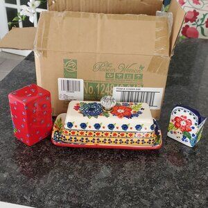 The Pioneer Woman Dazzling Dahlia.Butter Dish/Salt & Pepper Shaker